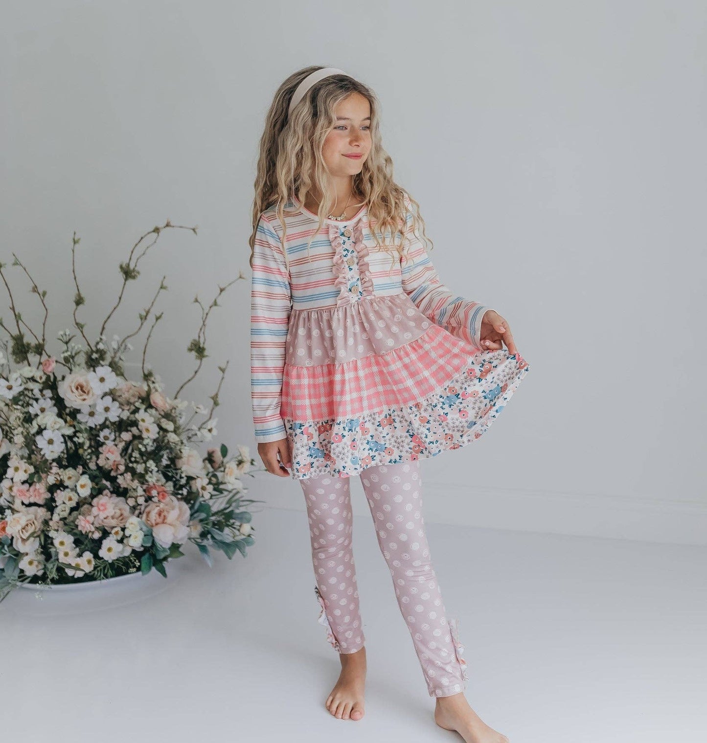 Adorable Sweetness - Girls Sand Floral 3 Tiered Fall Ruffle Button Legging Set