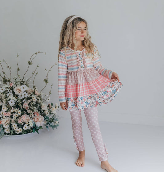 Adorable Sweetness - Girls Sand Floral 3 Tiered Fall Ruffle Button Legging Set
