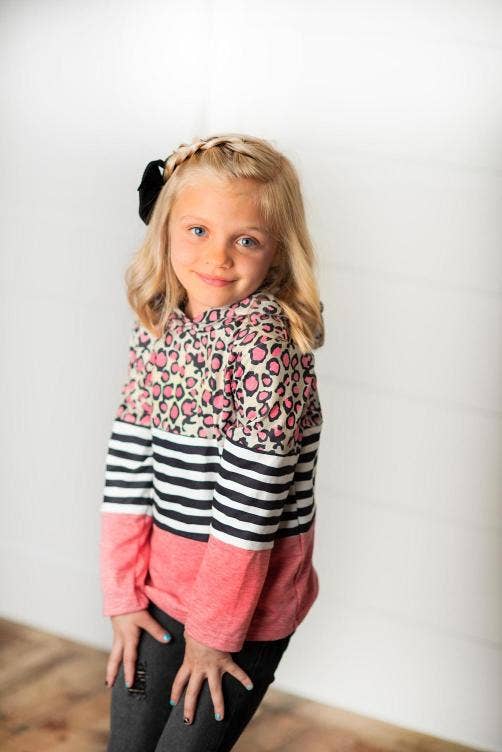 Adorable Sweetness - Kids Pink Leopard Stripe Long Sleeve Fall Hoodie Shirt