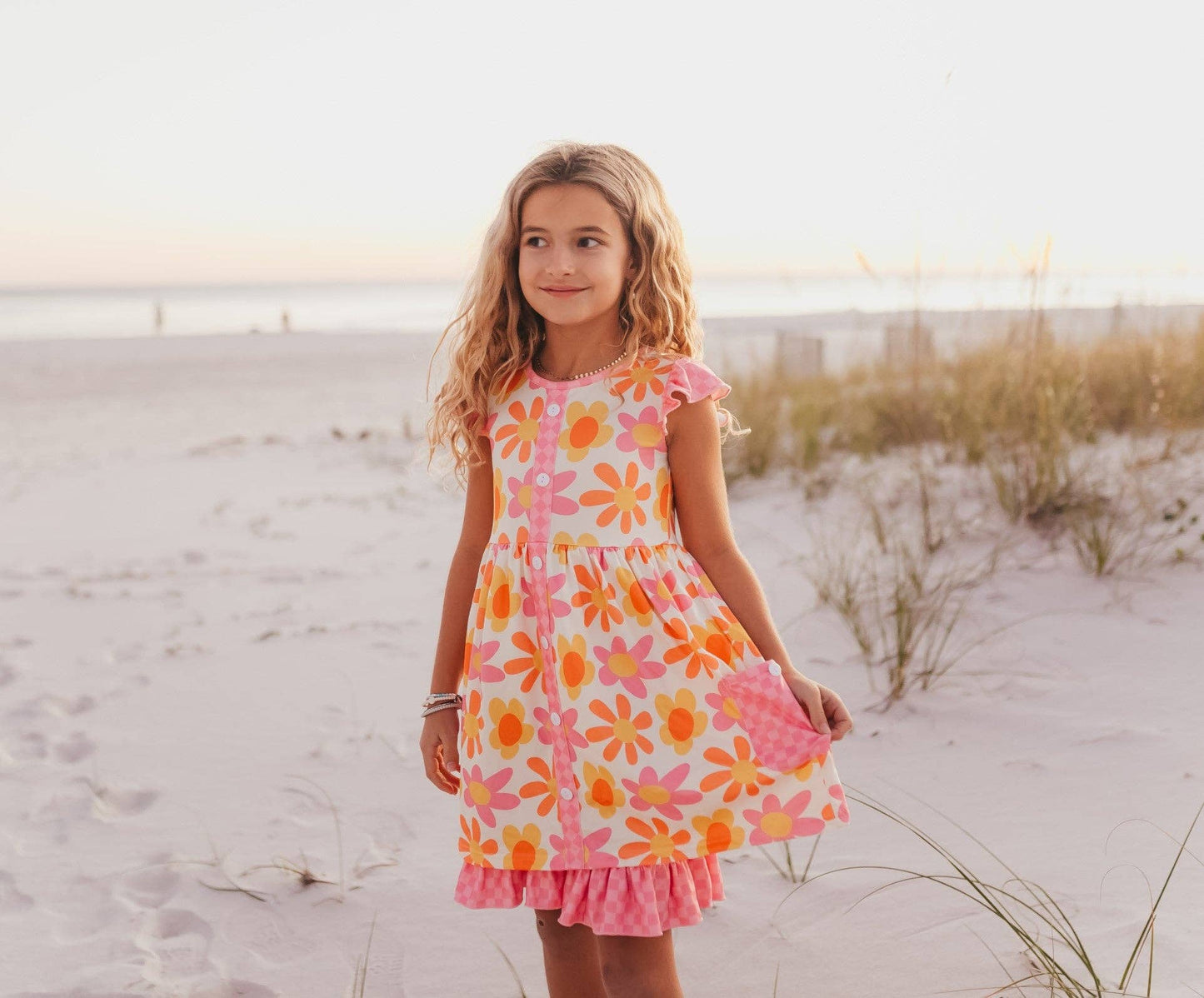 Adorable Sweetness - Girls Pink & Tangerine Retro Flower Check Pocket Dress