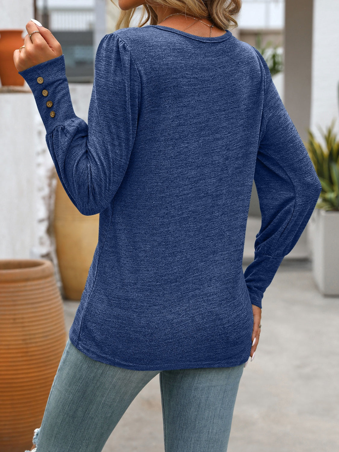 Decorative Button Round Neck Long Sleeve T-Shirt