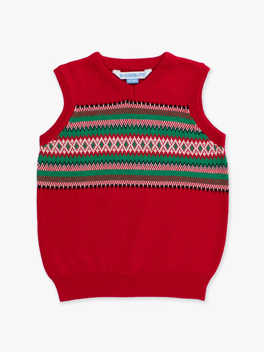 RuffleButts + RuggedButts - Boys Christmas Fair Isle Red V-Neck Sweater Vest
