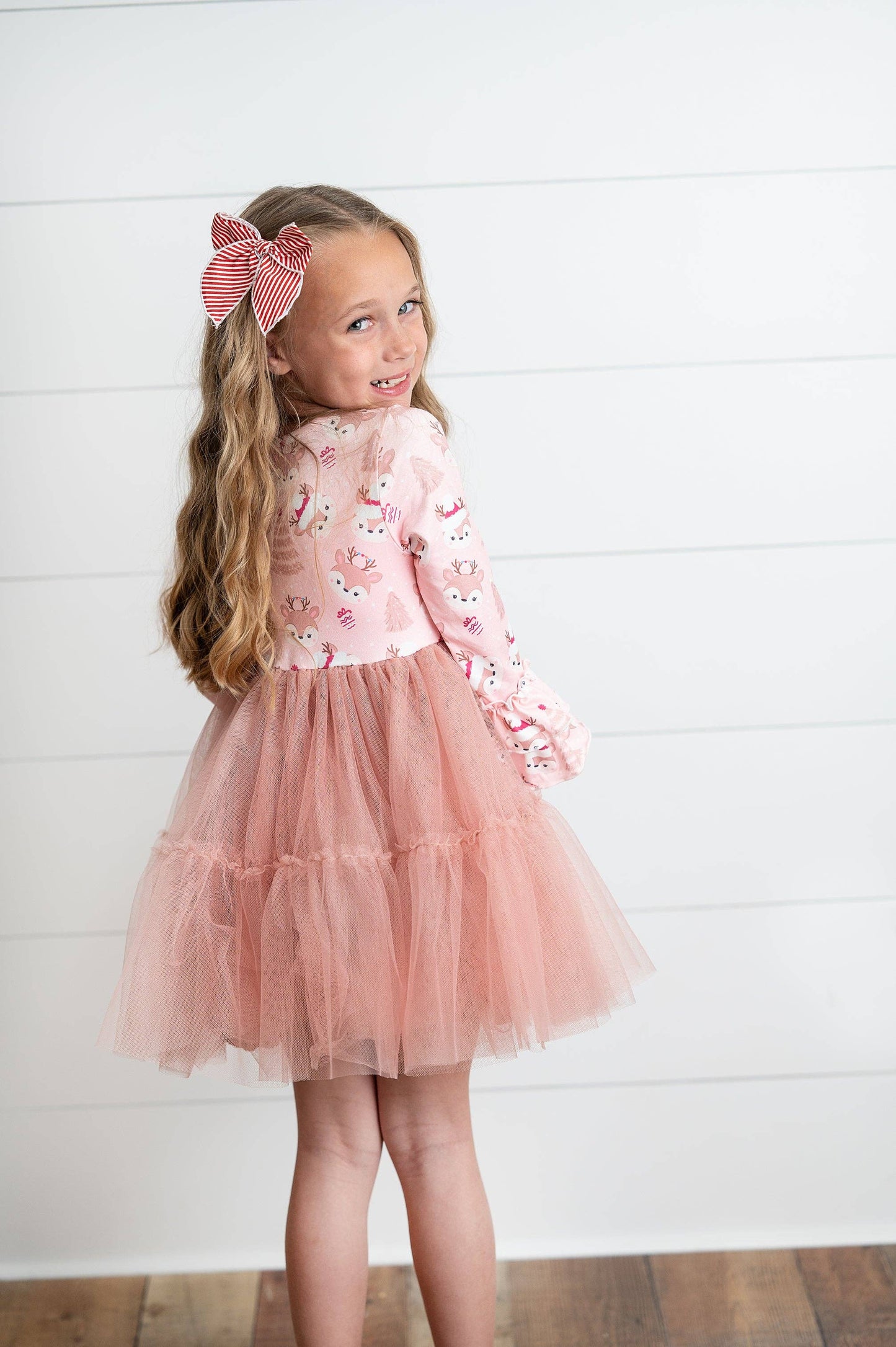 Adorable Sweetness - Kids Pink Reindeer Tulle Ruffle Sleeve Holiday Dress