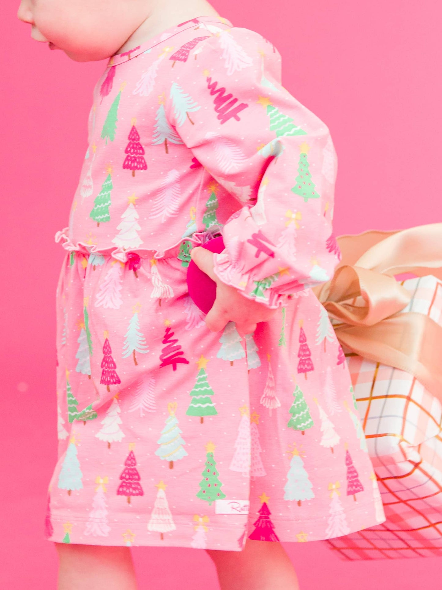 RuffleButts + RuggedButts - Baby Girls Merry Pink Pines Knit Long Sleeve Skirted Romper