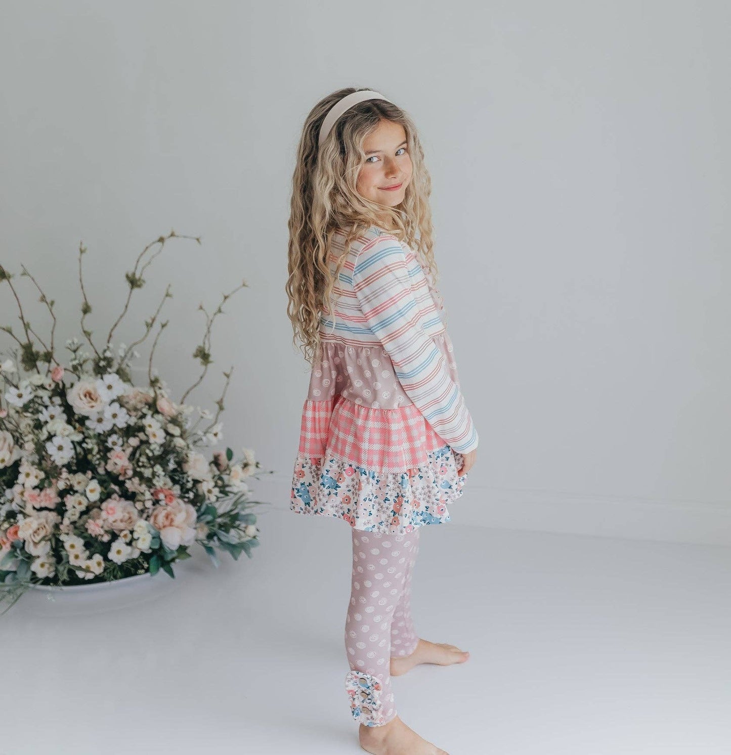 Adorable Sweetness - Girls Sand Floral 3 Tiered Fall Ruffle Button Legging Set