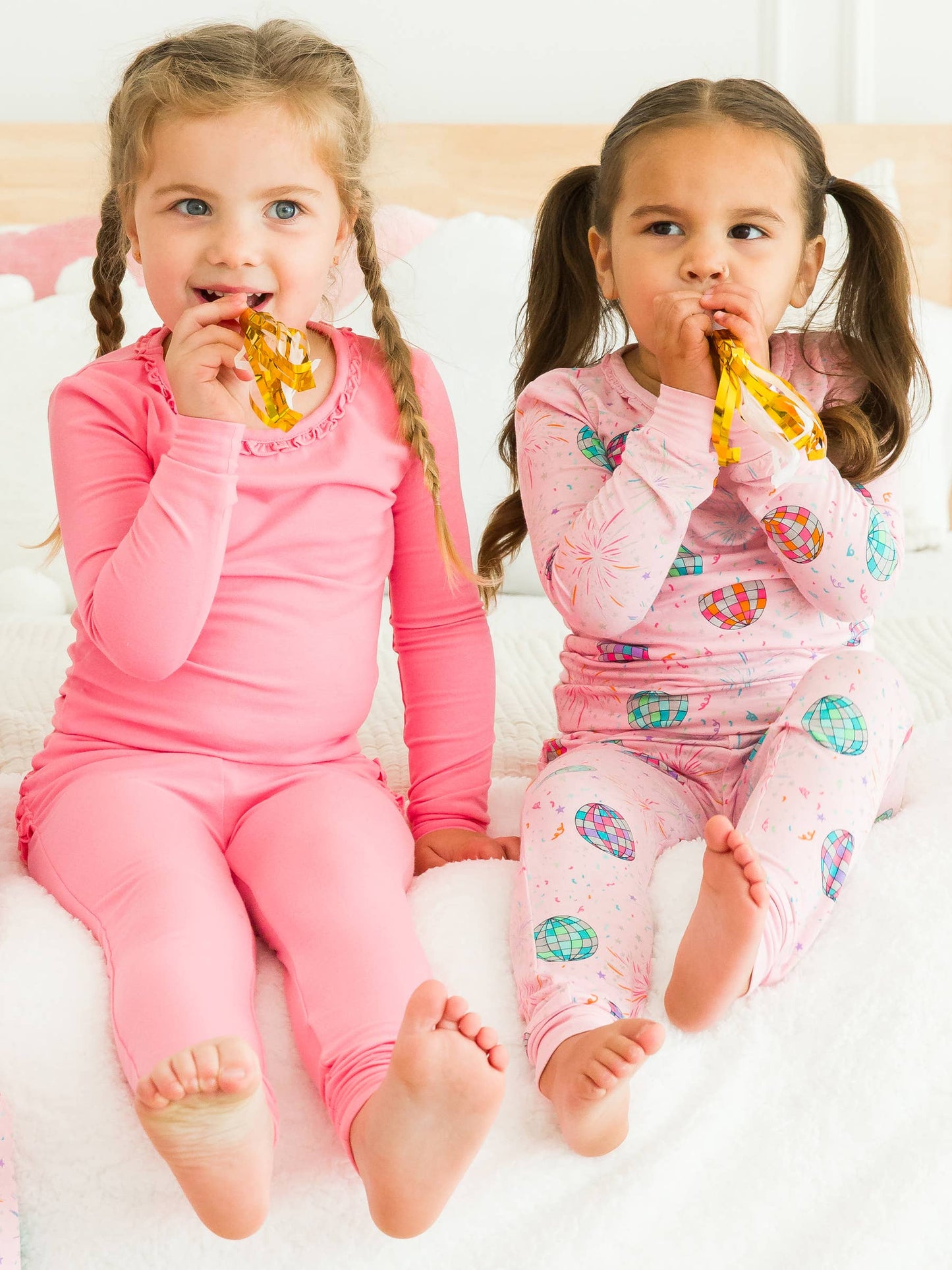 RuffleButts + RuggedButts - Toddler Girls Pink Happy New Year Bamboo Viscose Ruffle Long Sleeve Pajama Set