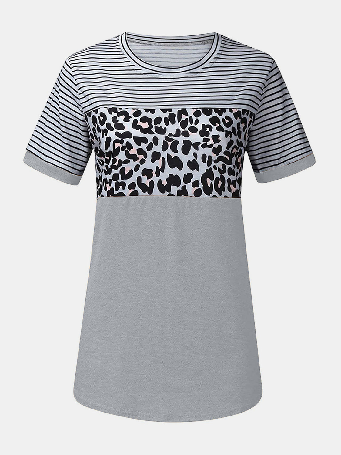 Full Size Striped Leopard Round Neck Short Sleeve T-Shirt