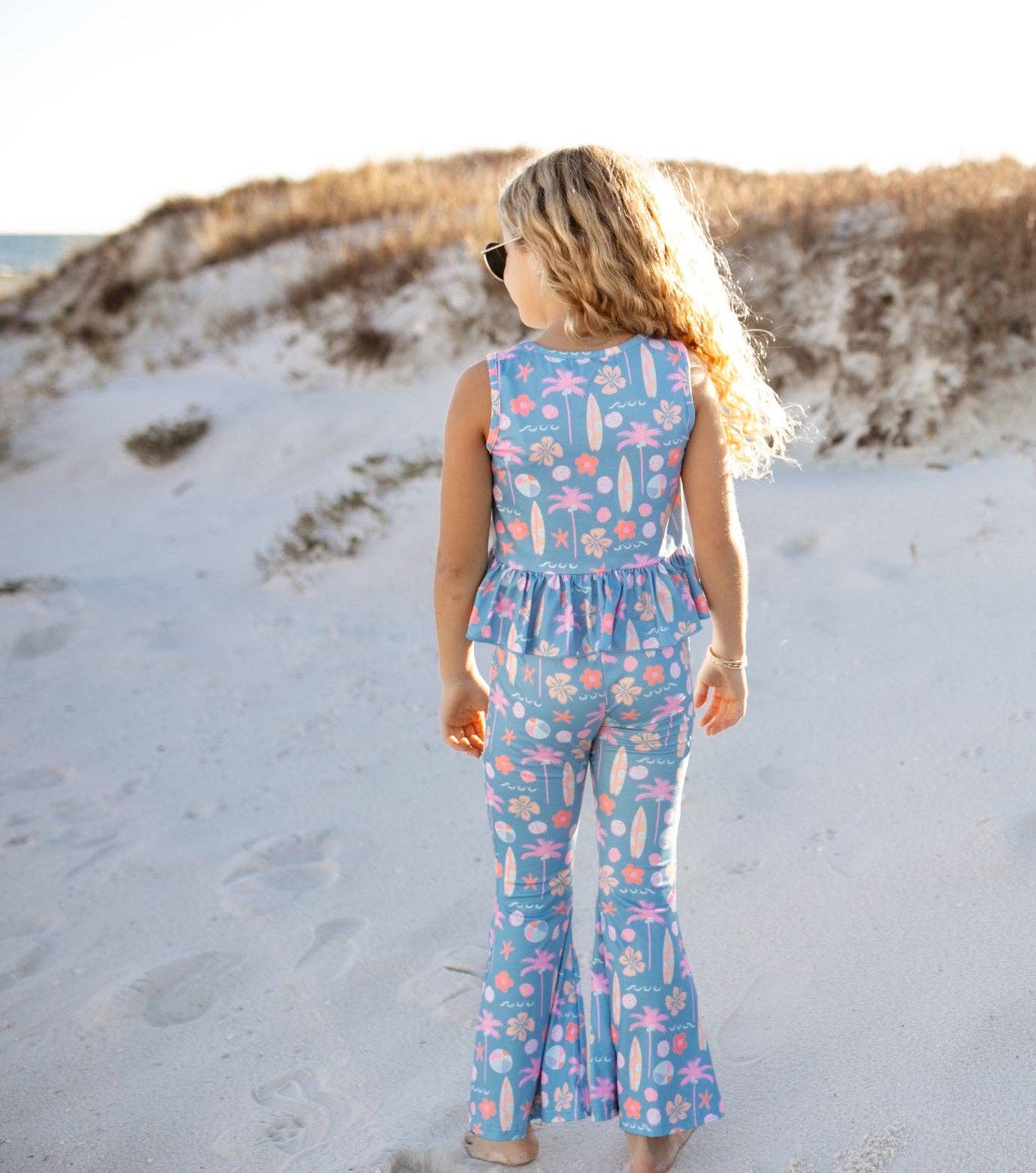 Adorable Sweetness - Kids Dusty Blue & Pink Summer Surf Print Flare Pant Set