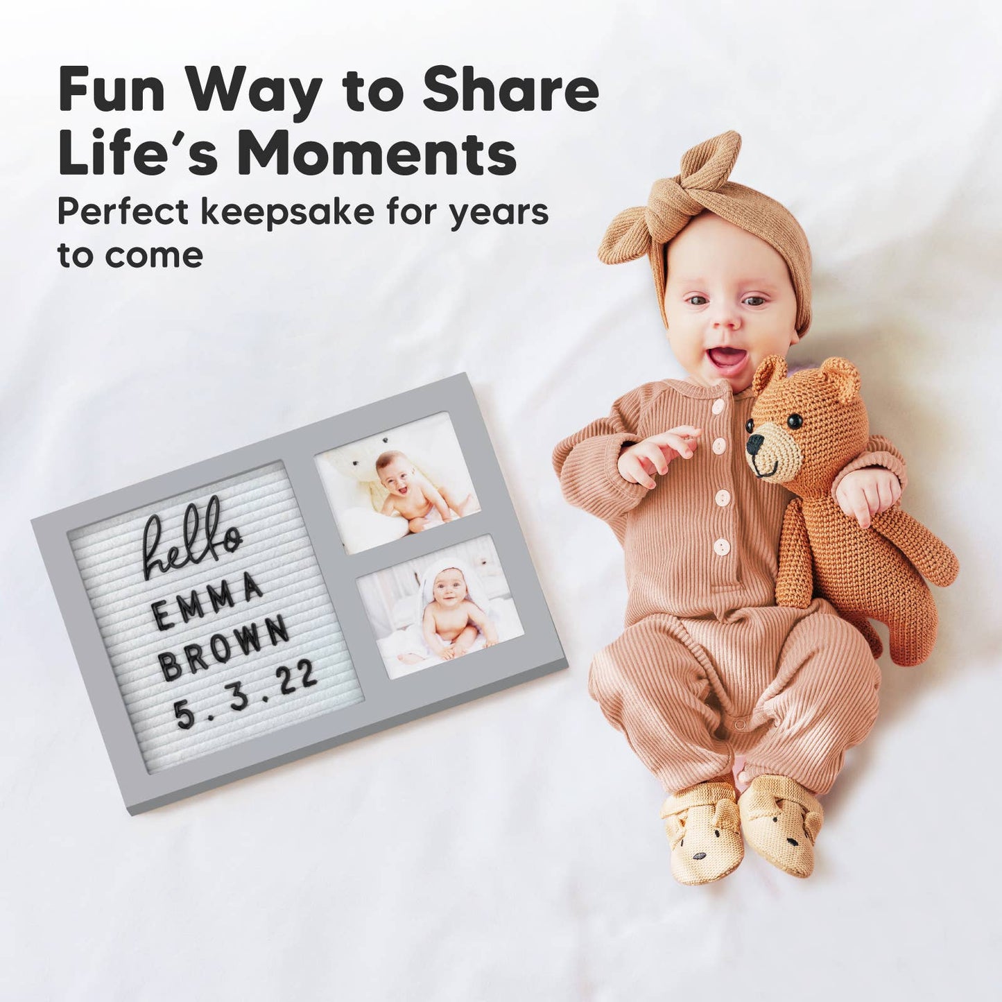 KeaBabies - KeaBabies Heartfelt Picture Frame with Felt Letterboard: Cloud Gray