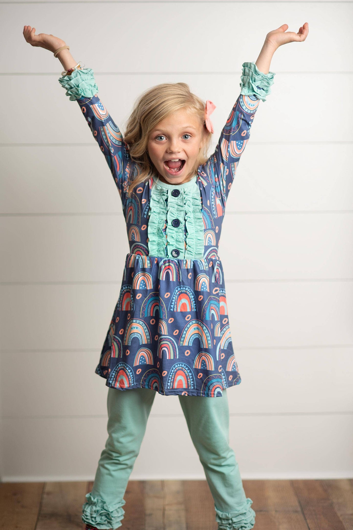 Adorable Sweetness - Kids Sage Rainbow Ruffle Fall Winter Leggings Pant Set