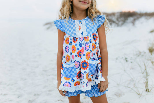 Adorable Sweetness - Girls Blue Check Flower Power Spring Summer Short Set