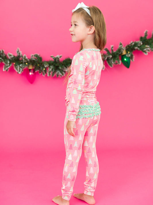 RuffleButts + RuggedButts - Toddler Girls Merry Pink Pines Bamboo Viscose Ruffle Long Sleeve Pajama Set