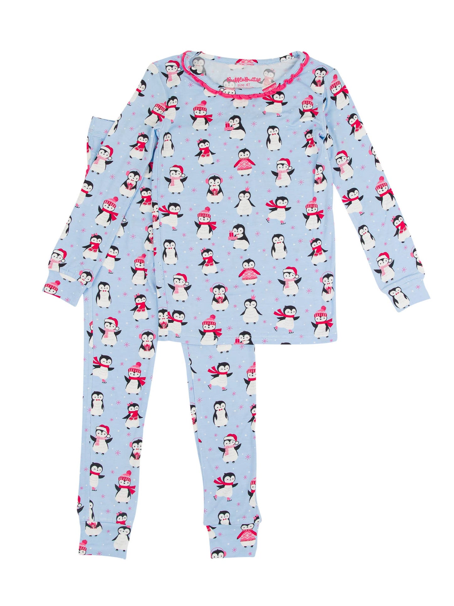 RuffleButts + RuggedButts - Toddler Girls Pink Penguin Party Bamboo Viscose Ruffle Long Sleeve Pajama Set