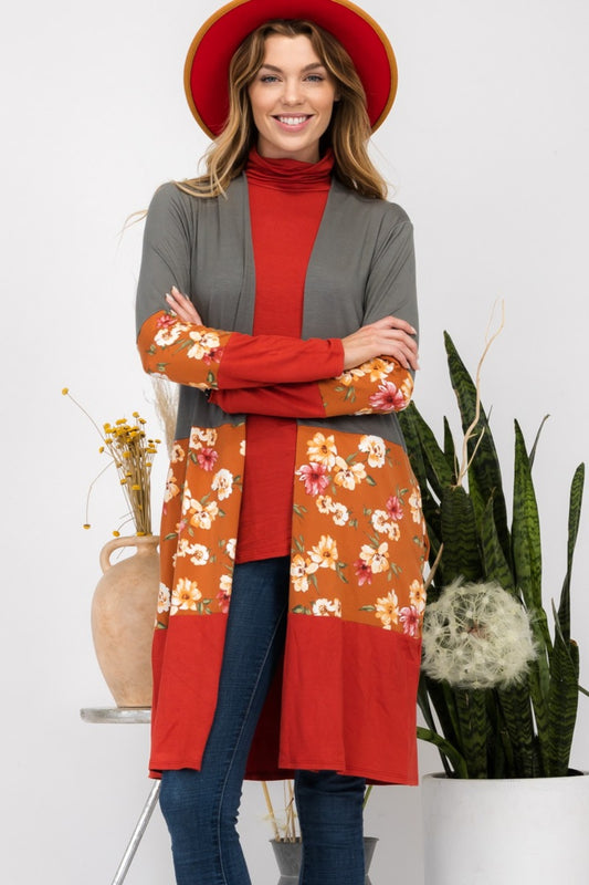 Celeste Full Size Floral Color Block Open Front Cardigan