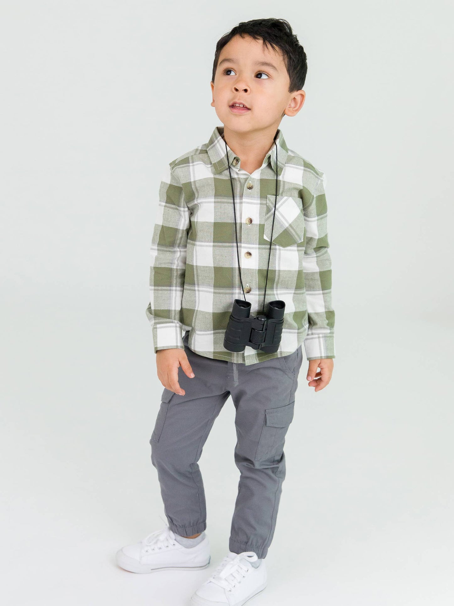 RuffleButts + RuggedButts - Boys Dusty Olive Plaid Flannel Long Sleeve Button Down Shirt