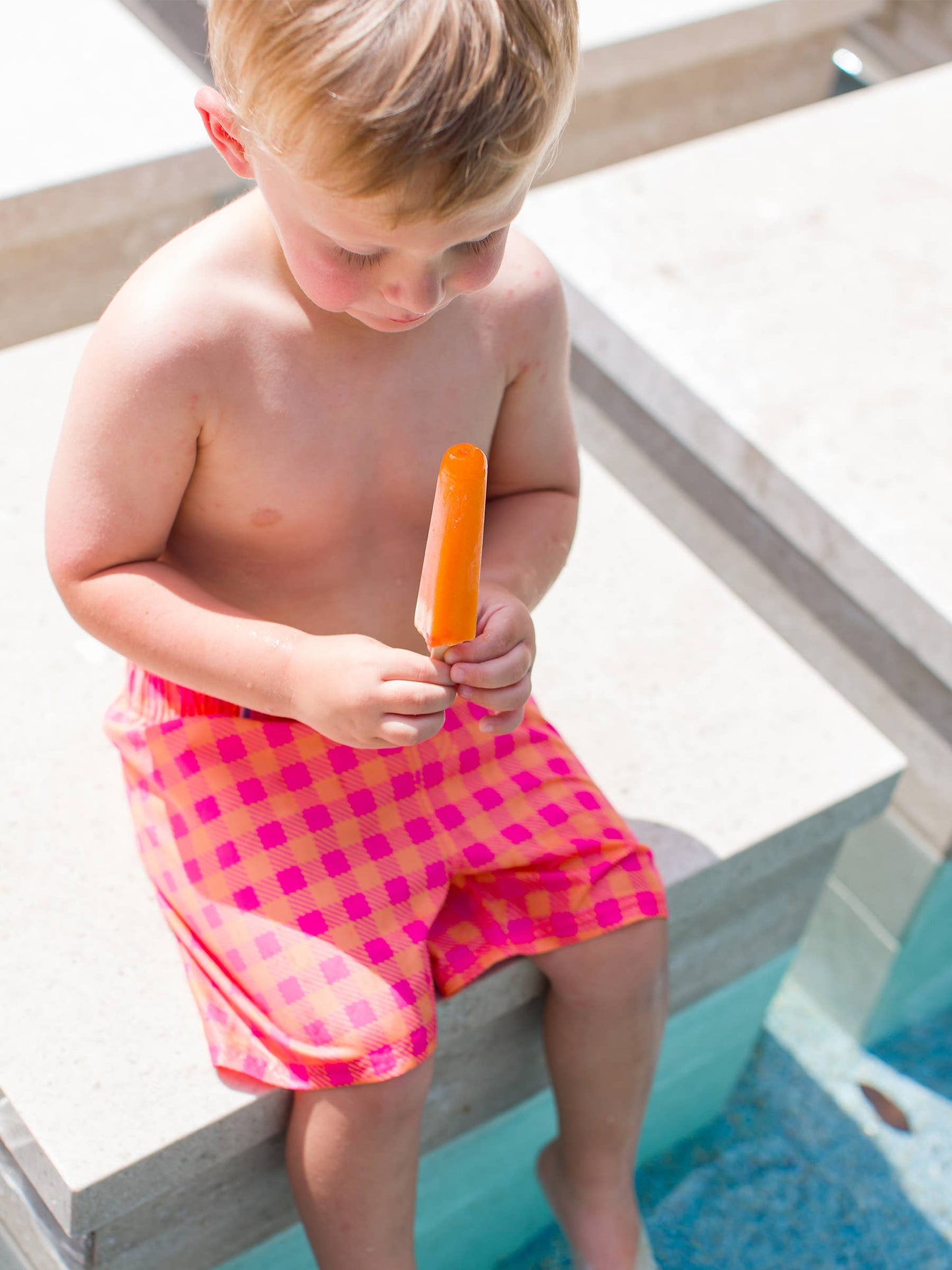 RuffleButts + RuggedButts - Boys Sunset Sorbet Gingham Swim Trunks