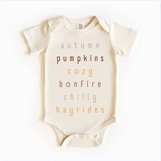 Shabby Yellow Barn - Autumn Pumpkins Gender Neutral Baby Bodysuit Onesie: ORGANIC Ivory / Long Sleeve