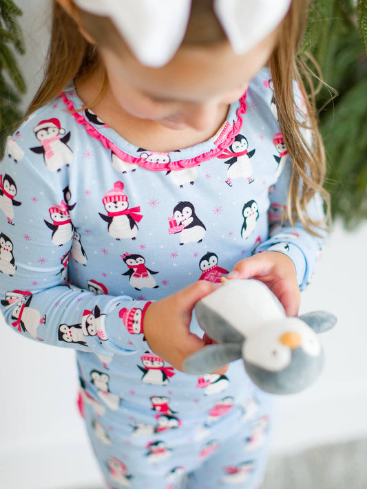 RuffleButts + RuggedButts - Toddler Girls Pink Penguin Party Bamboo Viscose Ruffle Long Sleeve Pajama Set