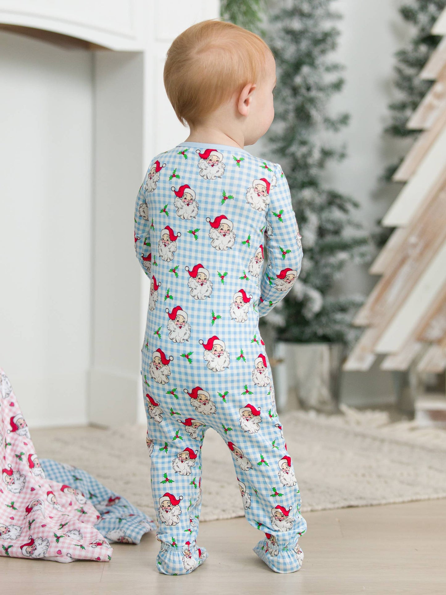 RuffleButts + RuggedButts - Baby Boys Blue Dear Santa Bamboo Viscose Footed One Piece Pajama