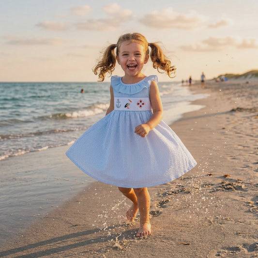 Abby & Evie - Blue Nautical Trio Embroidery Ruffle Dress