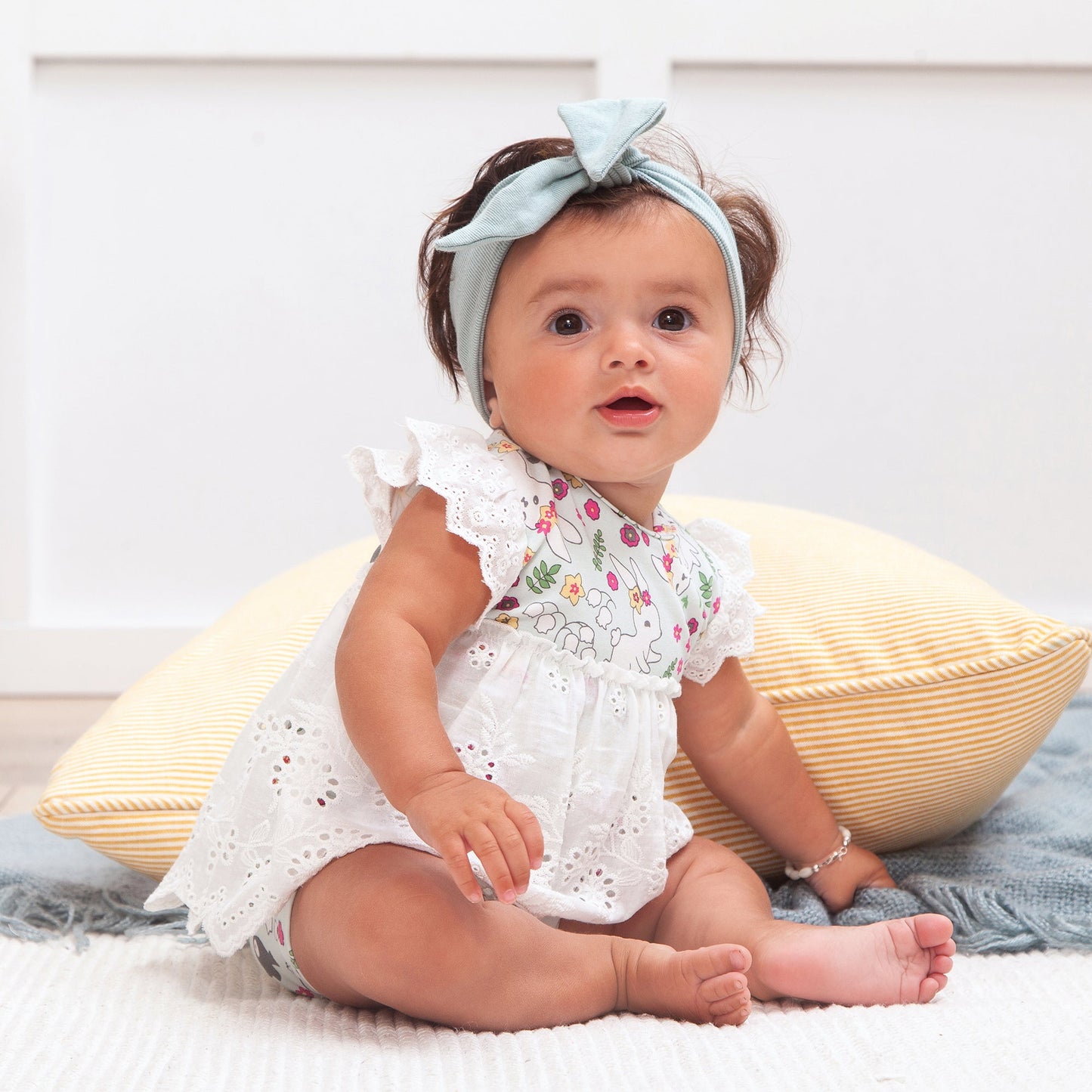 Bunny Garden Eyelet Skirted Bodysuit – Baby Girl One-Piece