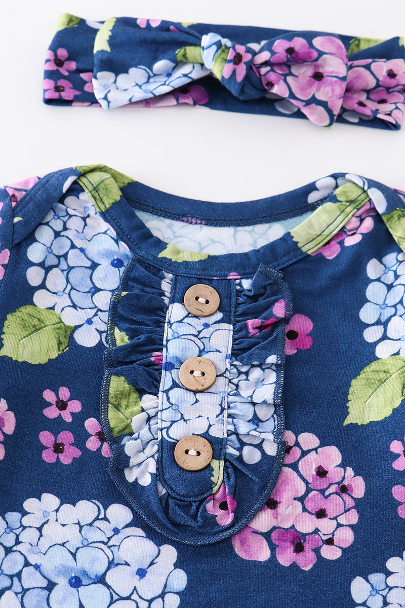 Abby & Evie - Navy Floral Print Bamboo Newborn Knotted Gown