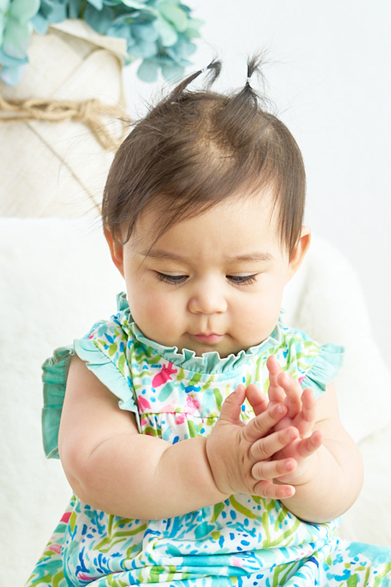 Abby & Evie - Green and Pink Print Ruffle Baby Knotted Gown