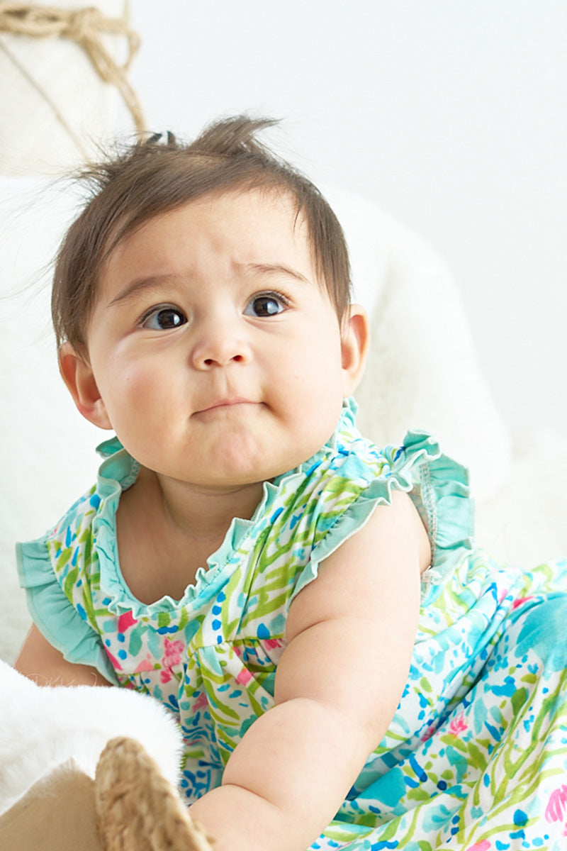 Abby & Evie - Green and Pink Print Ruffle Baby Knotted Gown