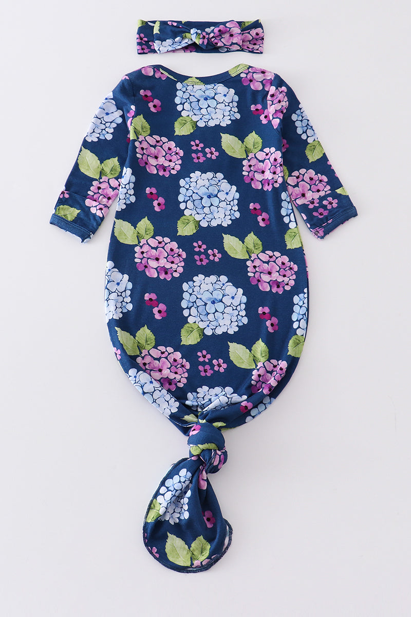 Abby & Evie - Navy Floral Print Bamboo Newborn Knotted Gown