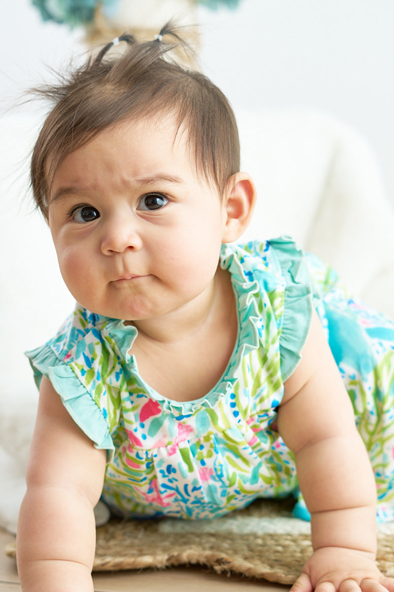 Abby & Evie - Green and Pink Print Ruffle Baby Knotted Gown