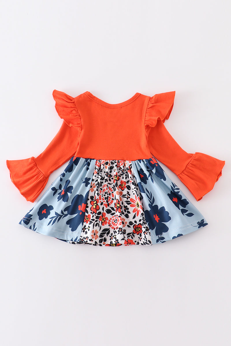 Abby & Evie - Orange Floral Print Ruffle Baby Romper