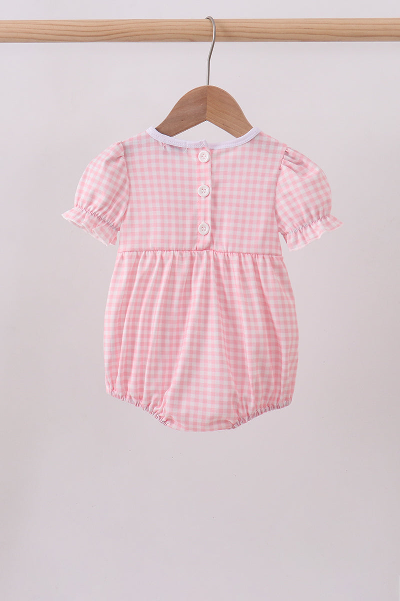 Baby Girl Pink Flag Embroidery Gingham Bubble - Fourth of July