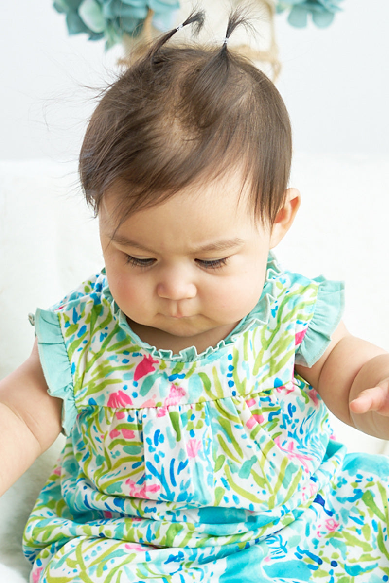 Abby & Evie - Green and Pink Print Ruffle Baby Knotted Gown