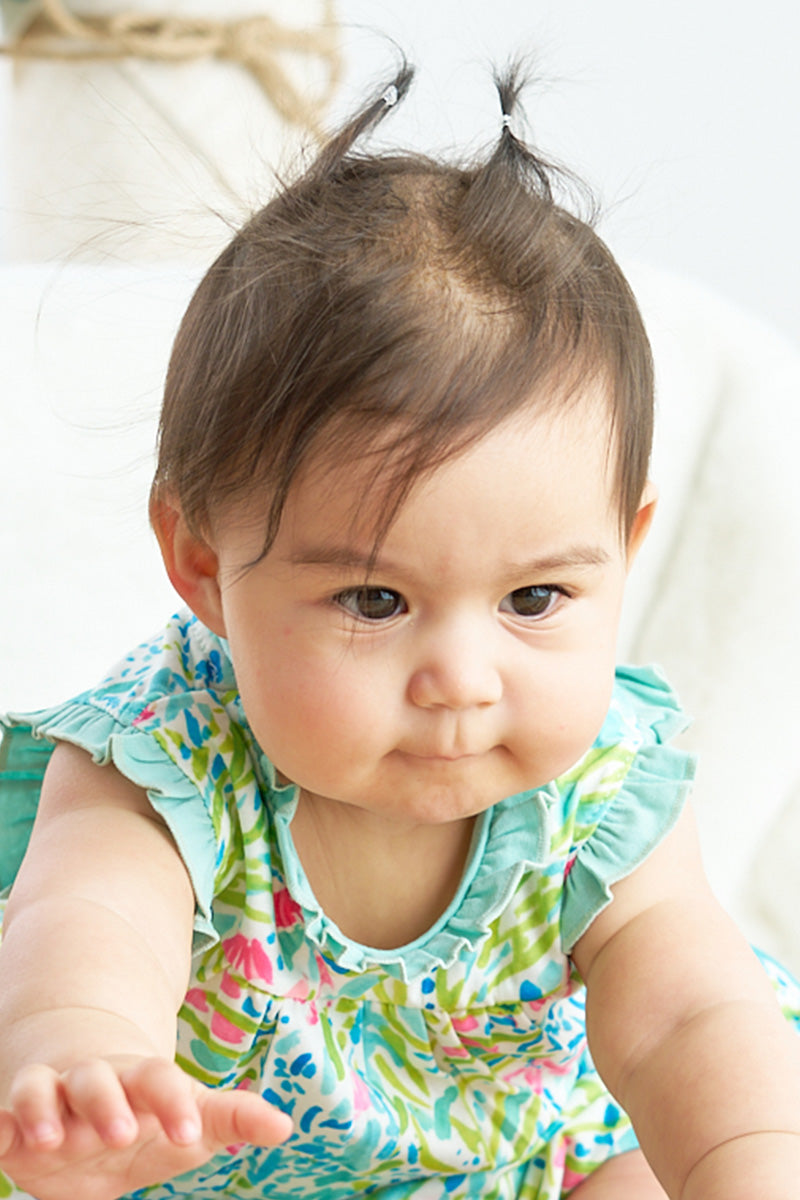 Abby & Evie - Green and Pink Print Ruffle Baby Knotted Gown