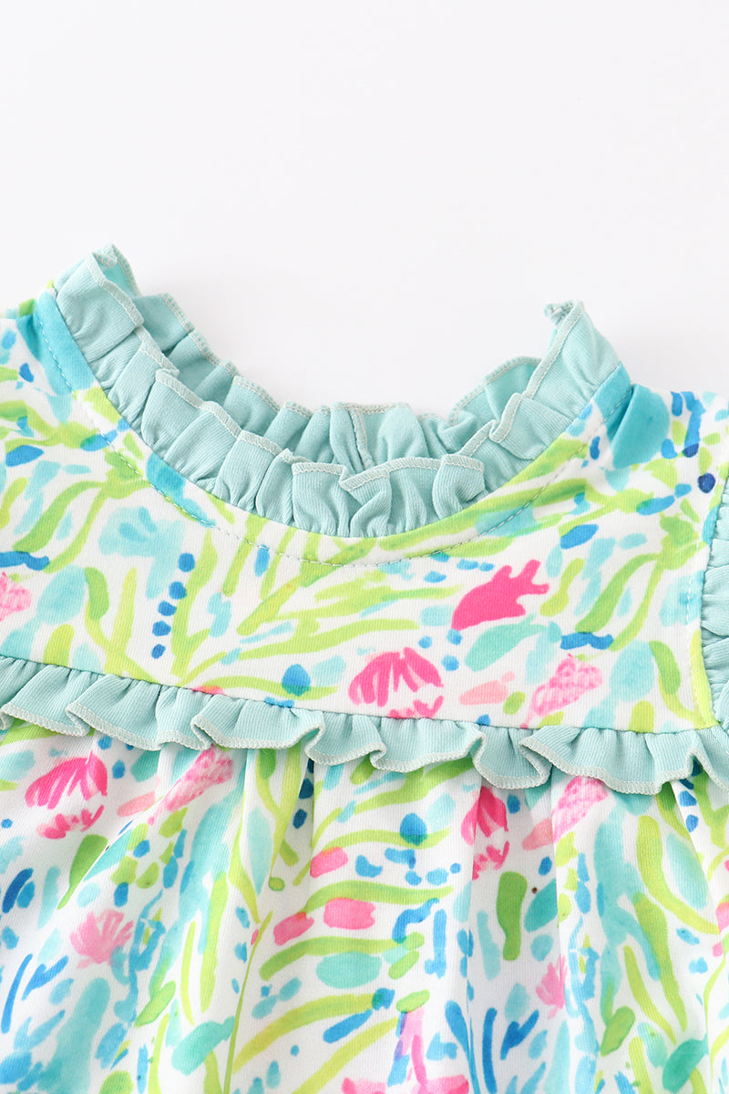 Abby & Evie - Green and Pink Print Ruffle Baby Knotted Gown